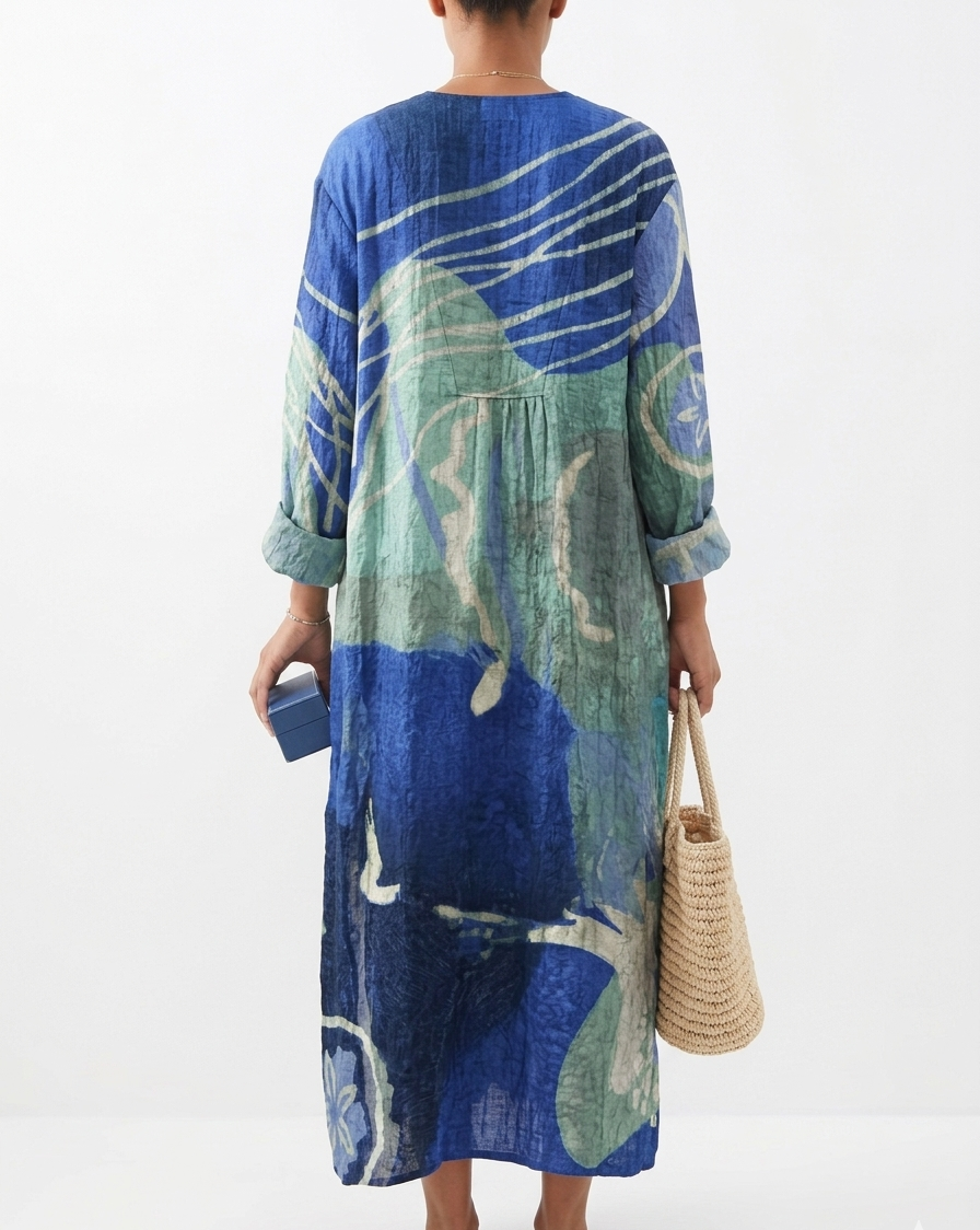 Abstract Ocean Wave Print V-Neck Kaftan Maxi Dress in Shades of Blue