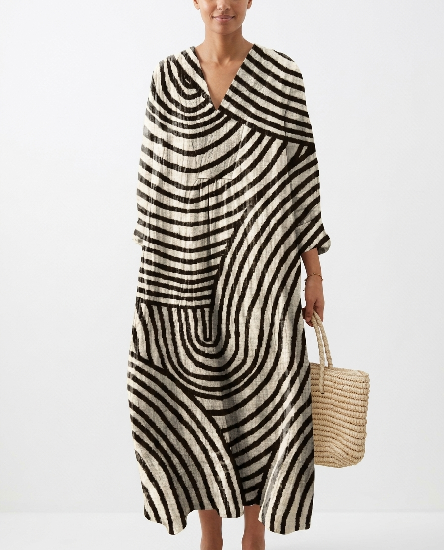 Geometric Abstract Stripe Print Maxi Kaftan Dress with V-Neckline