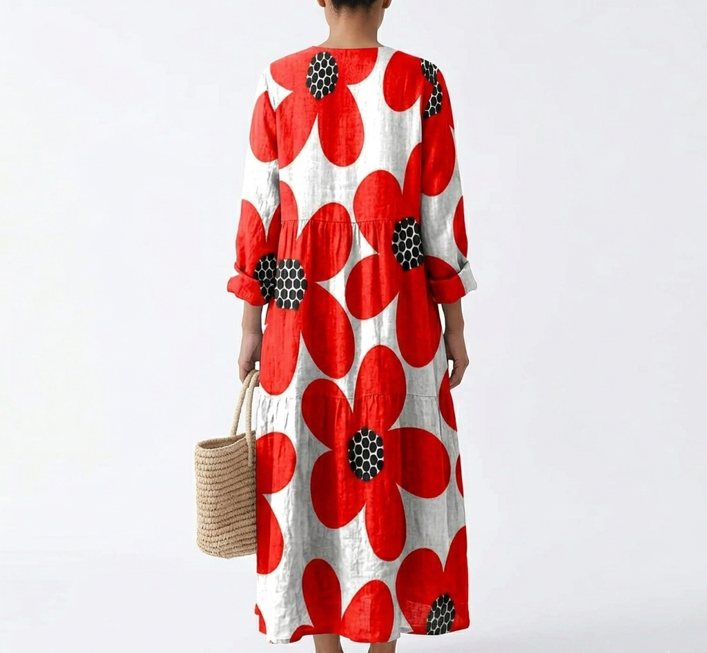 V-Neck Textured Maxi Dress with Bold Red and Black Poppy Print