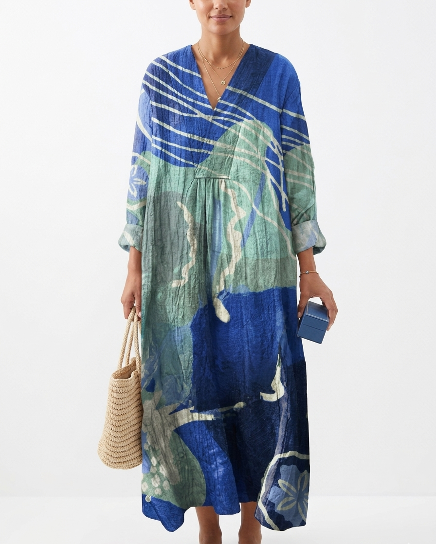Abstract Ocean Wave Print V-Neck Kaftan Maxi Dress in Shades of Blue
