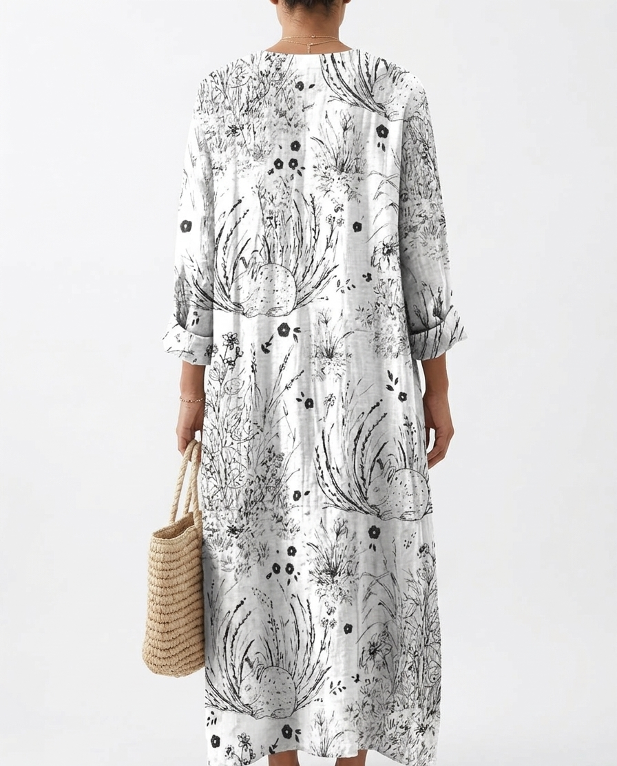 Boho Crinkle Cotton Maxi Shirt Dress with Black Floral Sketch Print