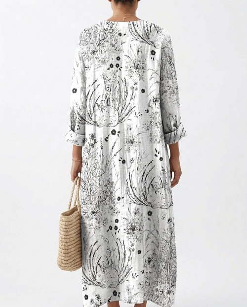 Boho Crinkle Cotton Maxi Shirt Dress with Black Floral Sketch Print