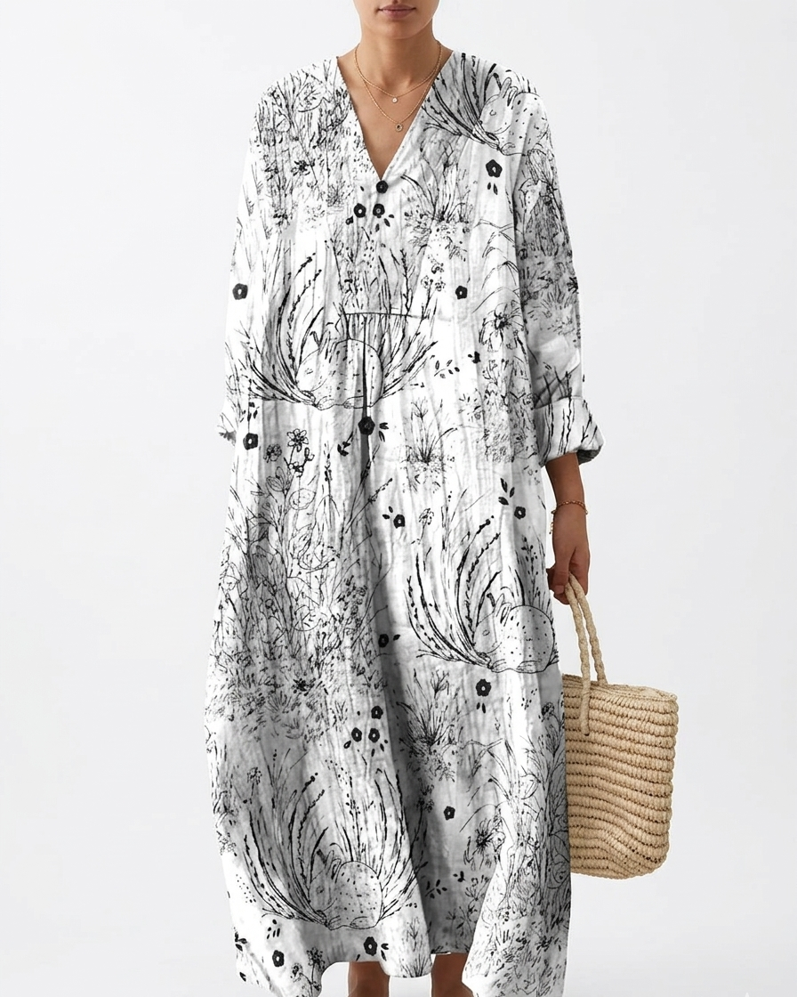 Boho Crinkle Cotton Maxi Shirt Dress with Black Floral Sketch Print