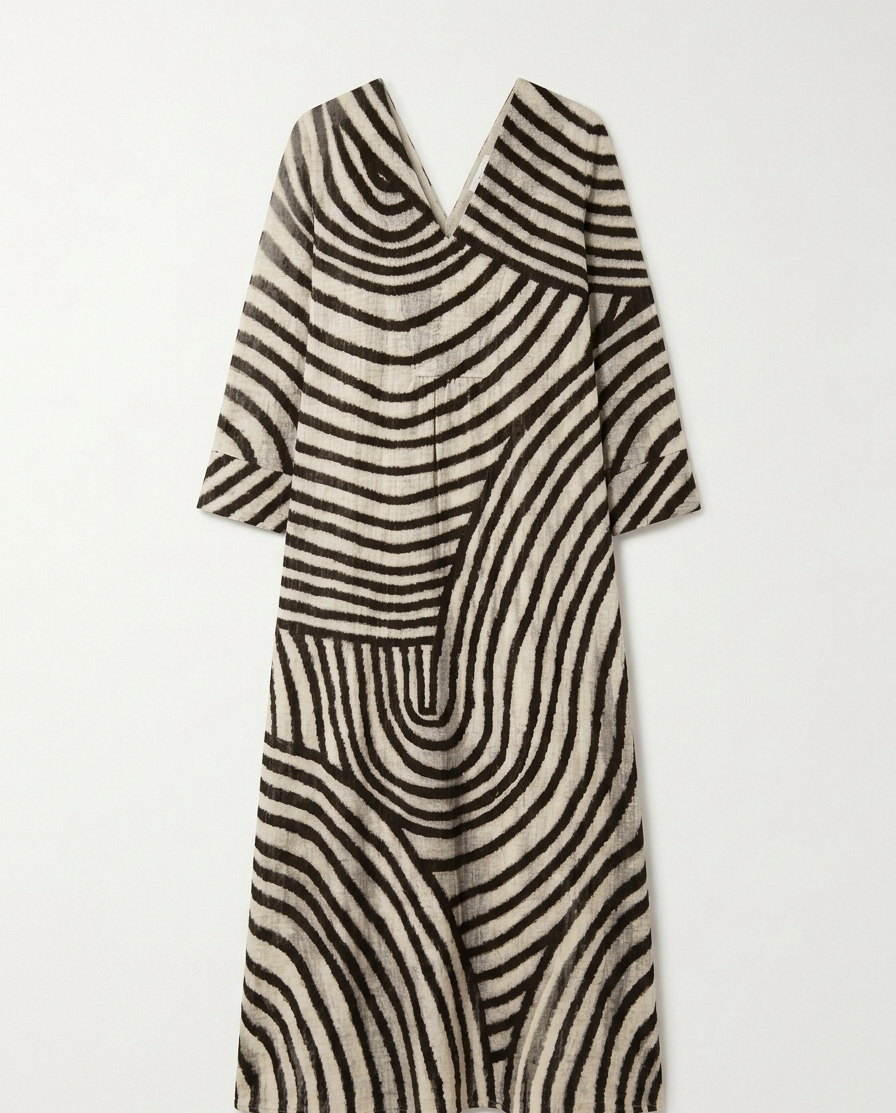 Geometric Abstract Stripe Print Maxi Kaftan Dress with V-Neckline