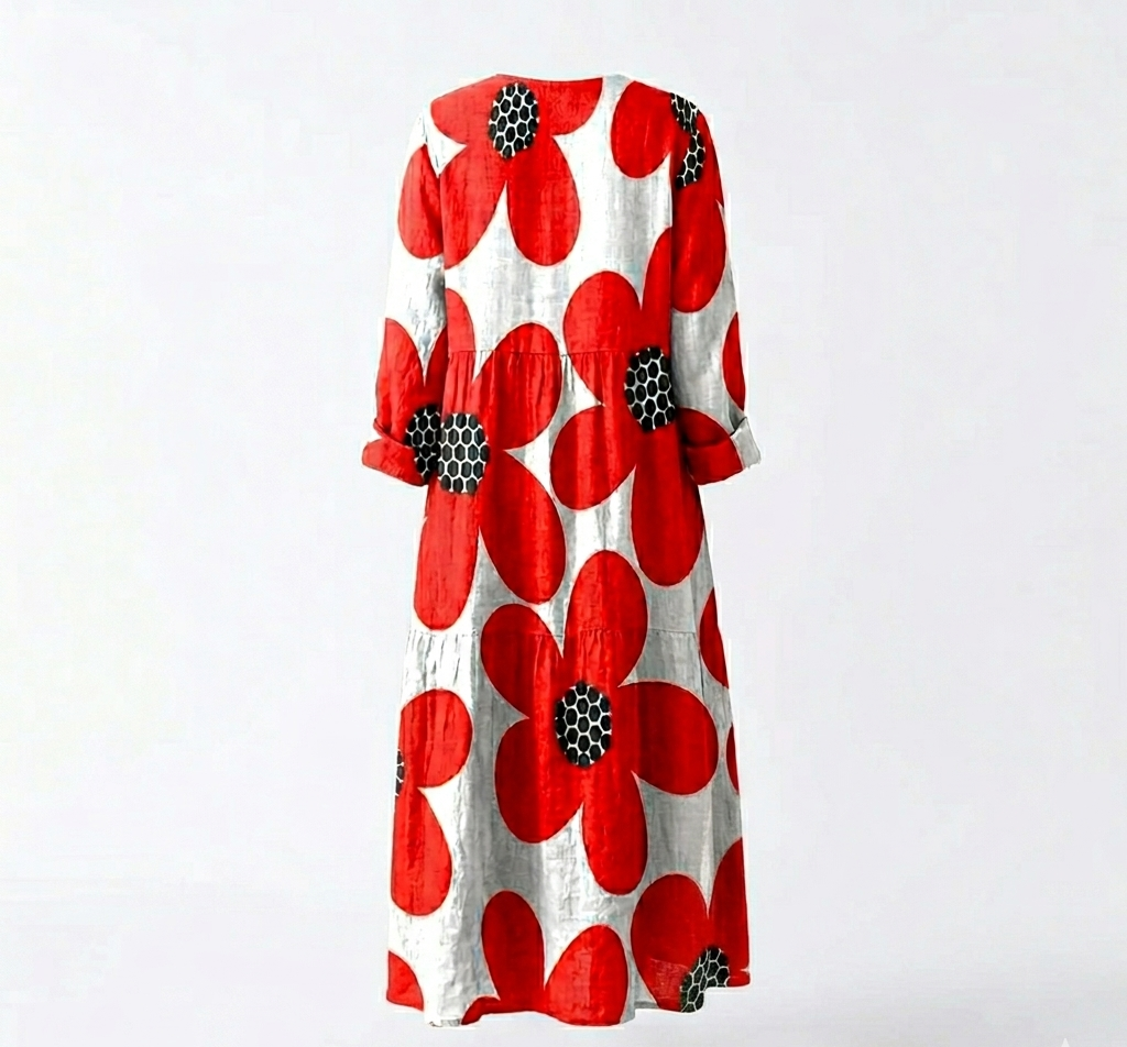 V-Neck Textured Maxi Dress with Bold Red and Black Poppy Print