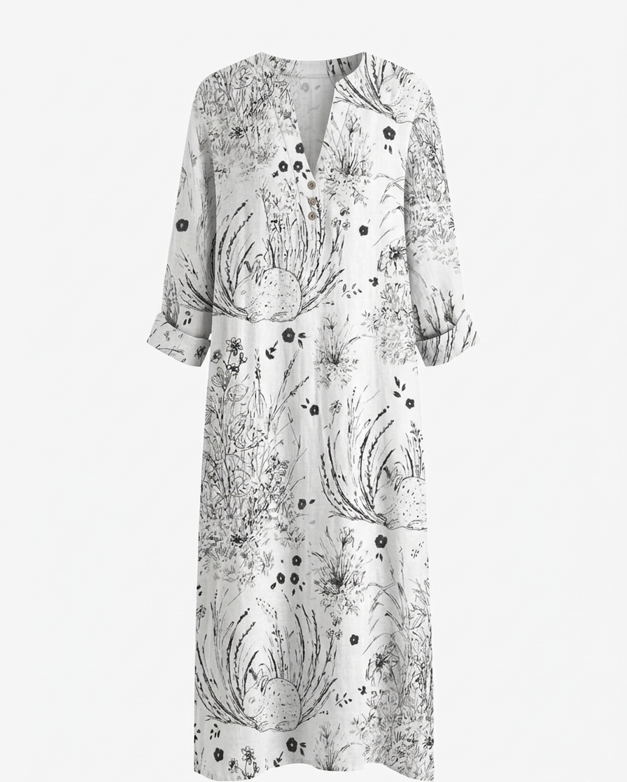 Boho Crinkle Cotton Maxi Shirt Dress with Black Floral Sketch Print