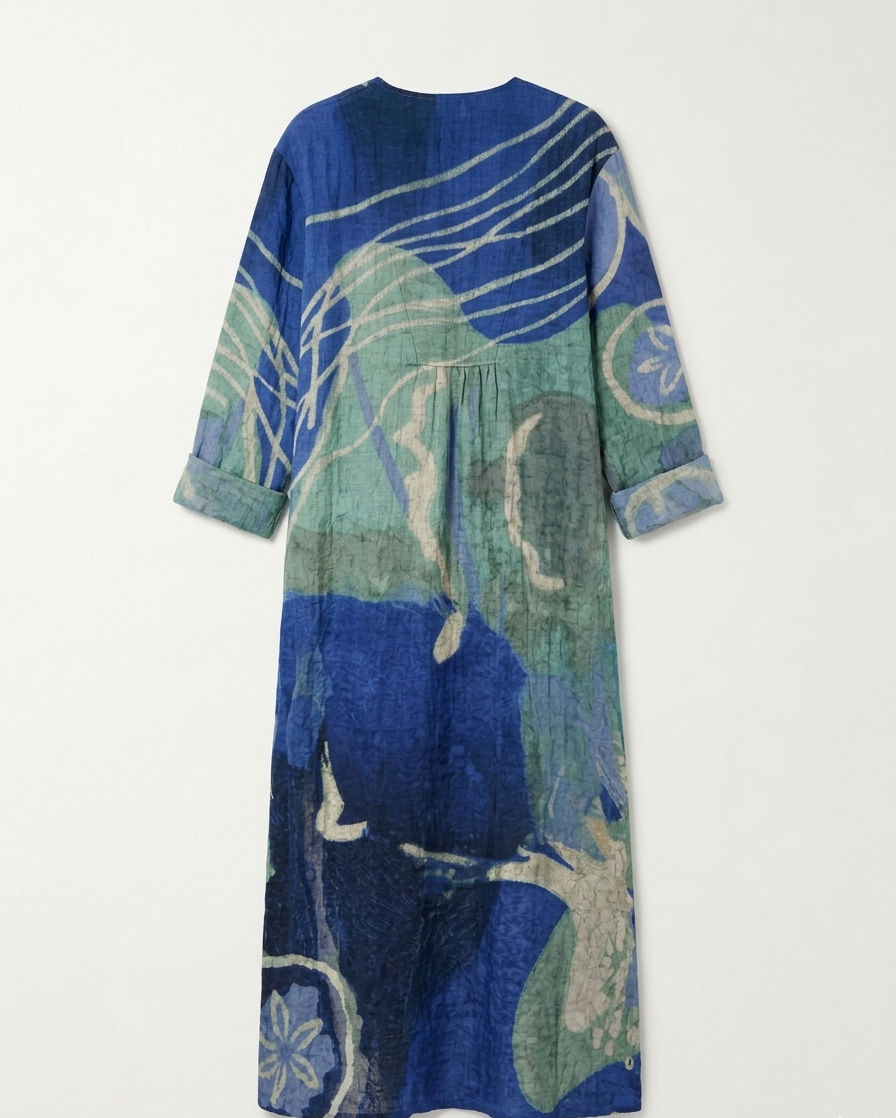 Abstract Ocean Wave Print V-Neck Kaftan Maxi Dress in Shades of Blue