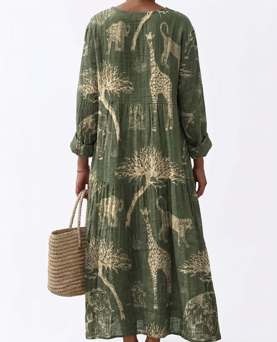 Linen-Blend Maxi Kaftan Dress with Safari Animal Print in Olive Green