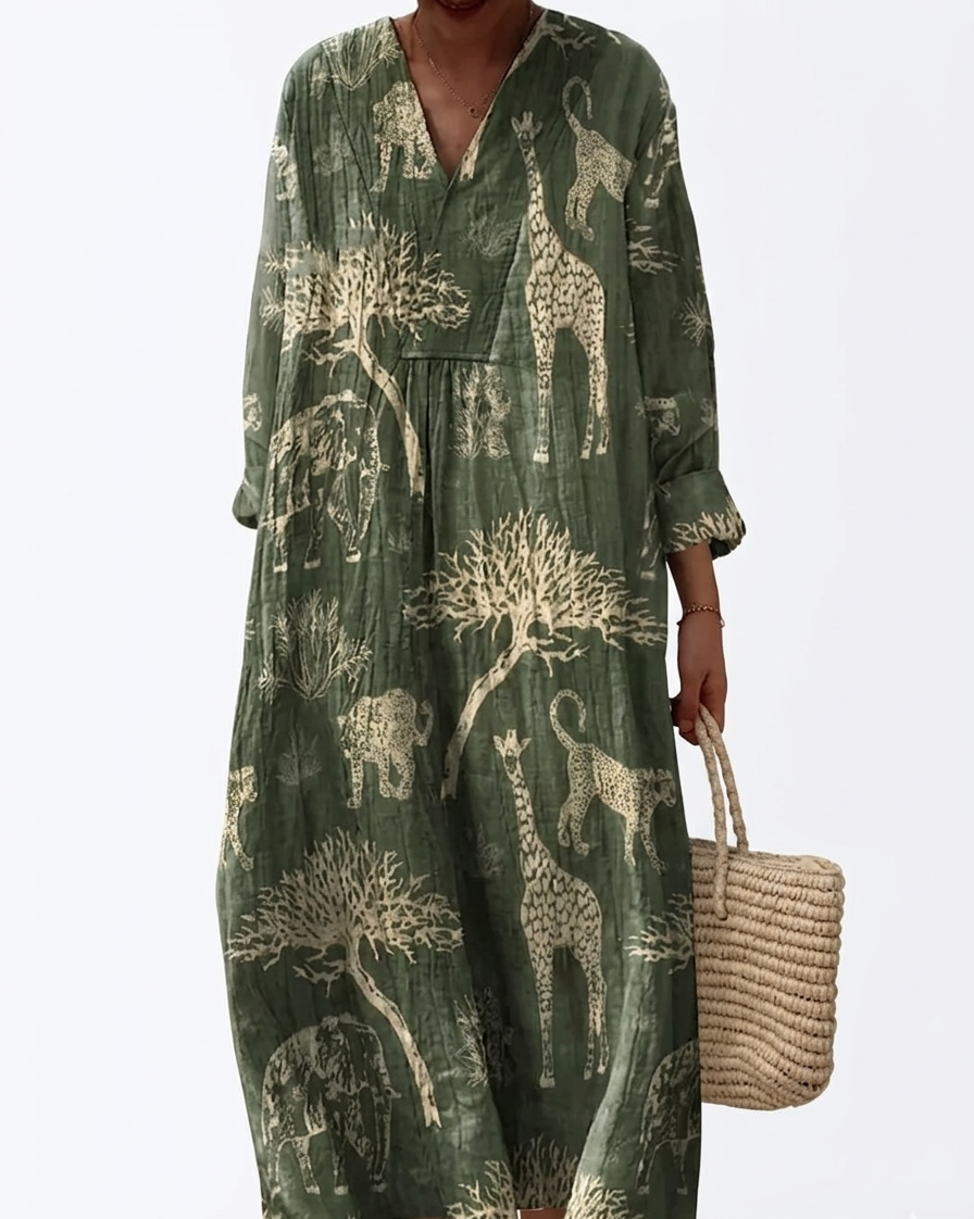 Linen-Blend Maxi Kaftan Dress with Safari Animal Print in Olive Green