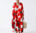 V-Neck Textured Maxi Dress with Bold Red and Black Poppy Print