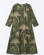 Linen-Blend Maxi Kaftan Dress with Safari Animal Print in Olive Green